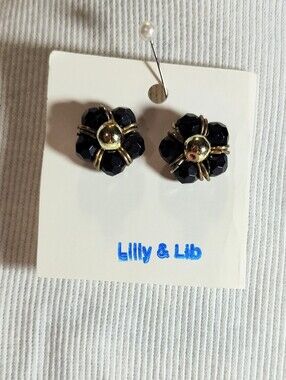 Lilly & Lib Black Bead Flower Clip-On Earrings with Gold Accents